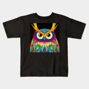 Colorful Owl Portrait Illustration - Bright Vibrant Colors Bohemian Style Feathers Psychedelic Bird Animal Rainbow Colored Art Kids T-Shirt